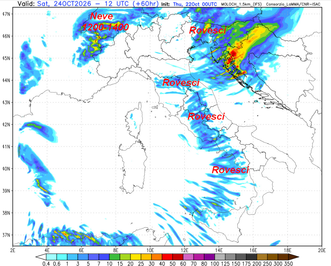 sommatoria delle precipitazioni attese tra la notte e la mattinata di sabato 24 ottobre (fino alle ore 14), secondo il modello Moloch 1.5km elaborato su base grafica Lamma