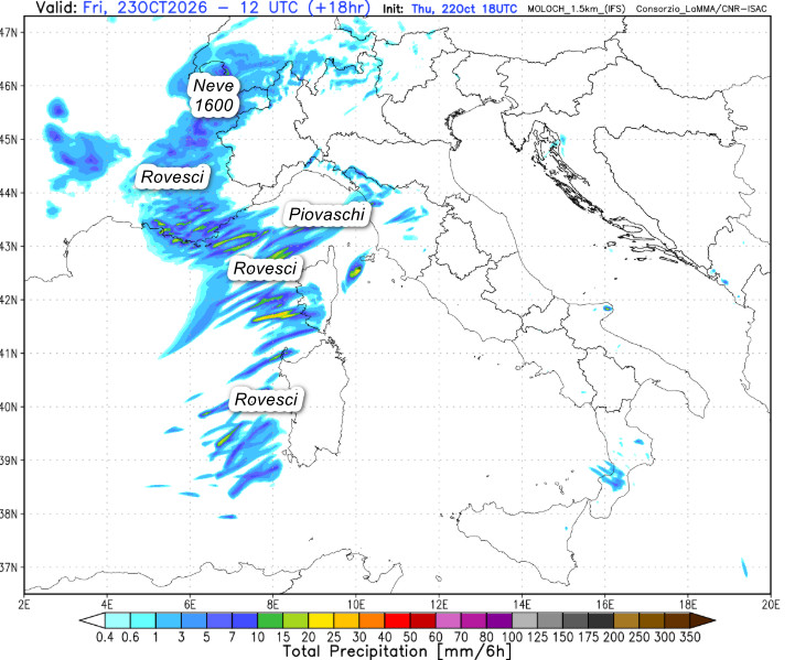 sommatoria delle precipitazioni attese sul nostro Paese fino al primo pomeriggio di venerdi 23 ottobre secondo il modello Moloch 1.5km elaborato su base grafica Lamma