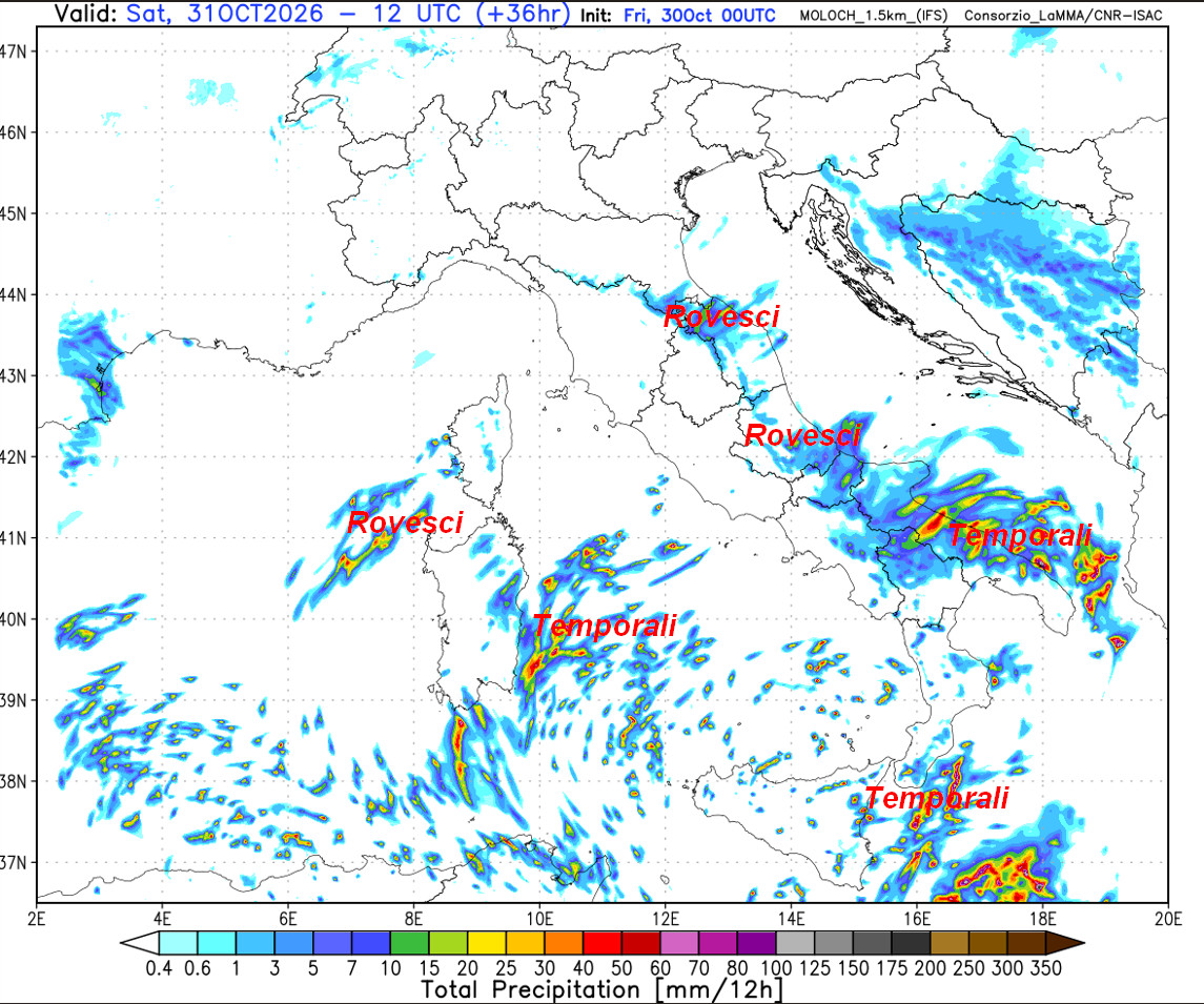 sommatoria delle precipitazioni attese sul nostro Paese fino al primo pomeriggio di sabato 31 ottobre secondo il modello Moloch 1.5km elaborato su base grafica Lamma