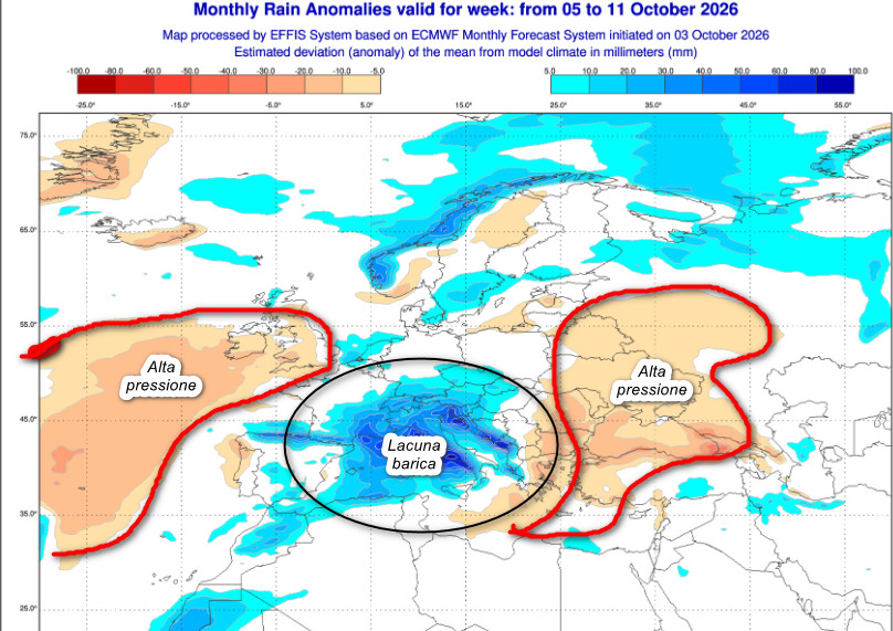 anomalie piovose a livello europeo previste per lasso temporale compreso tra il 5 ed l'11 ottobre