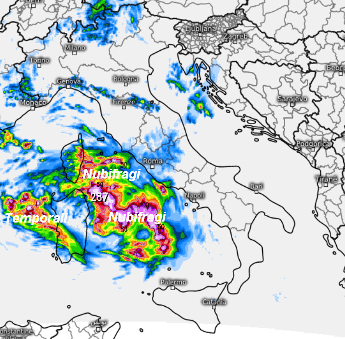 sommatoria delle precipitazioni attese in Italia nell'arco dell'intera giornata di martedì 6 ottobre secondo il modello SWISS 4KM elaborato su base grafica Meteologix: