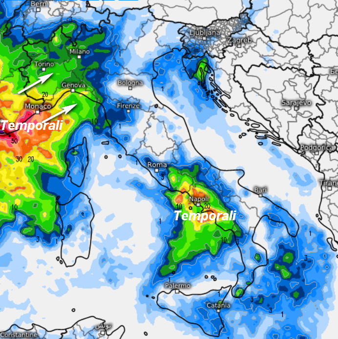 precipitazioni previste in Italia nella giornata di mercoledi 7 ottobre secondo ECMWF elaborato su base grafica Meteologix