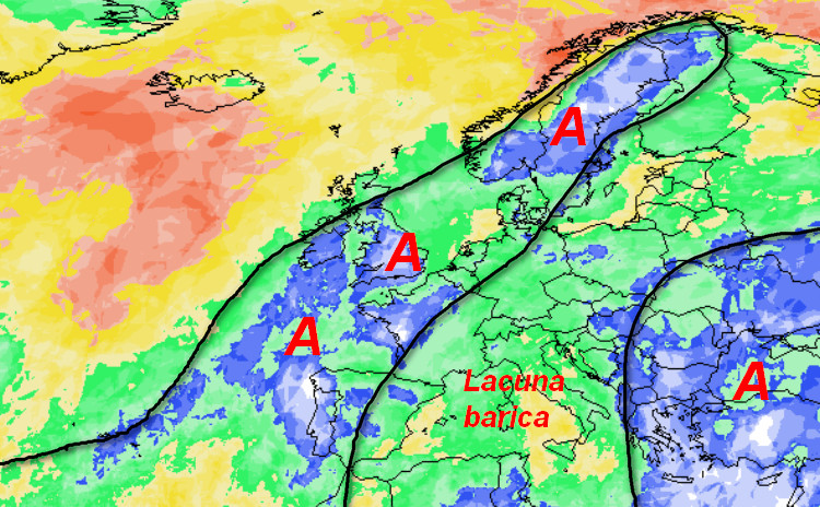 probabilità di pioggia in Europa valida per martedì 13 ottobre secondo la media degli scenari del modello GFS elaborato sui base grafica Meteociel
