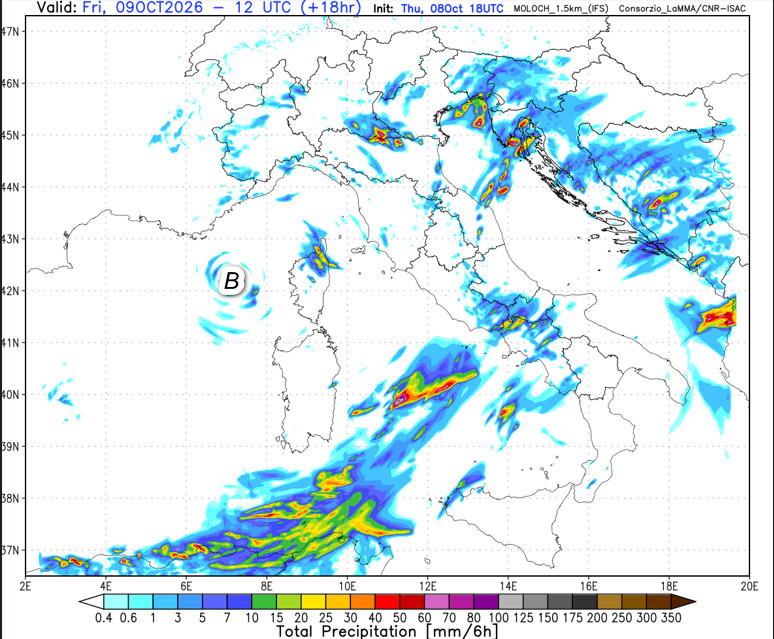 sommatoria delle precipitazioni attese in Italia fino al primo pomeriggio di venerdi 9 ottobre secondo il modello Moloch elaborato su base grafica Lamma