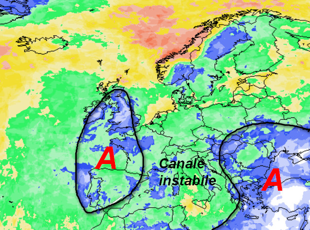 probabilità di pioggia in Europa valida per lunedi 12 ottobre secondo la media degli scenari del modello GFS elaborata su base grafica Meteociel