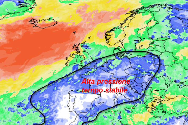 probabilità di pioggia in Europa nella giornata di mercoledi 14 ottobre secondo la media degli scenari del modello GFS elaborato su base grafica Meteociel