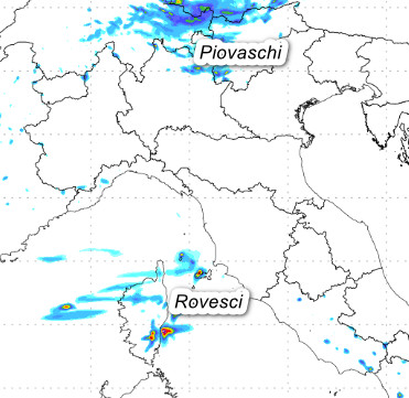 sommatoria delle piogge attese in Italia fino al primo pomeriggio di lunedi 5 ottobre secondo il modello Moloch 1.5km elaborato su base grafica Lamma: