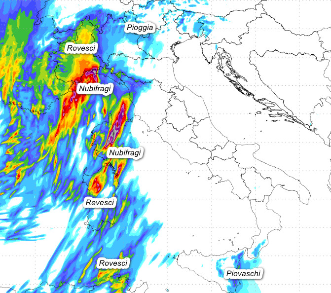 sommatoria delle precipitazioni attese in Italia tra il pomeriggio e la serata di martedì 20 ottobre sempre secondo il modello Moloch 1.5km elaborato su base grafica Lamma