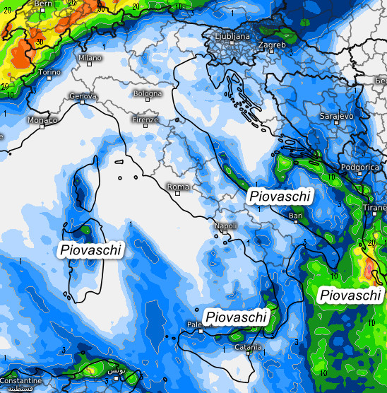 sommatoria delle precipitazioni attese in Italia nell'arco della giornata di domenica 25 ottobre sempre secondo il modello ECMWF elaborato su base grafica Meteologix