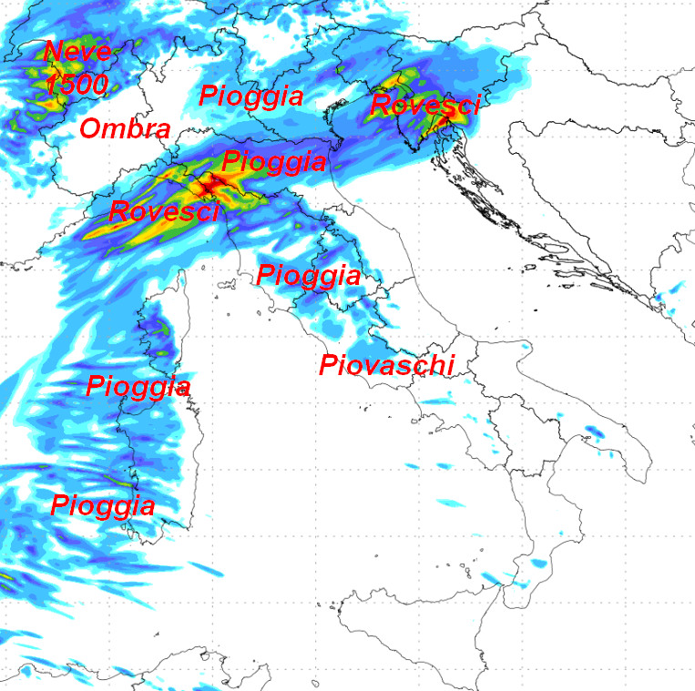 sommatoria delle piogge attese sul nostro Paese tra il pomeriggio e la serata di venerdi 23 ottobre sempre secondo il modello Moloch 1.5km elaborato su base grafica Lamma