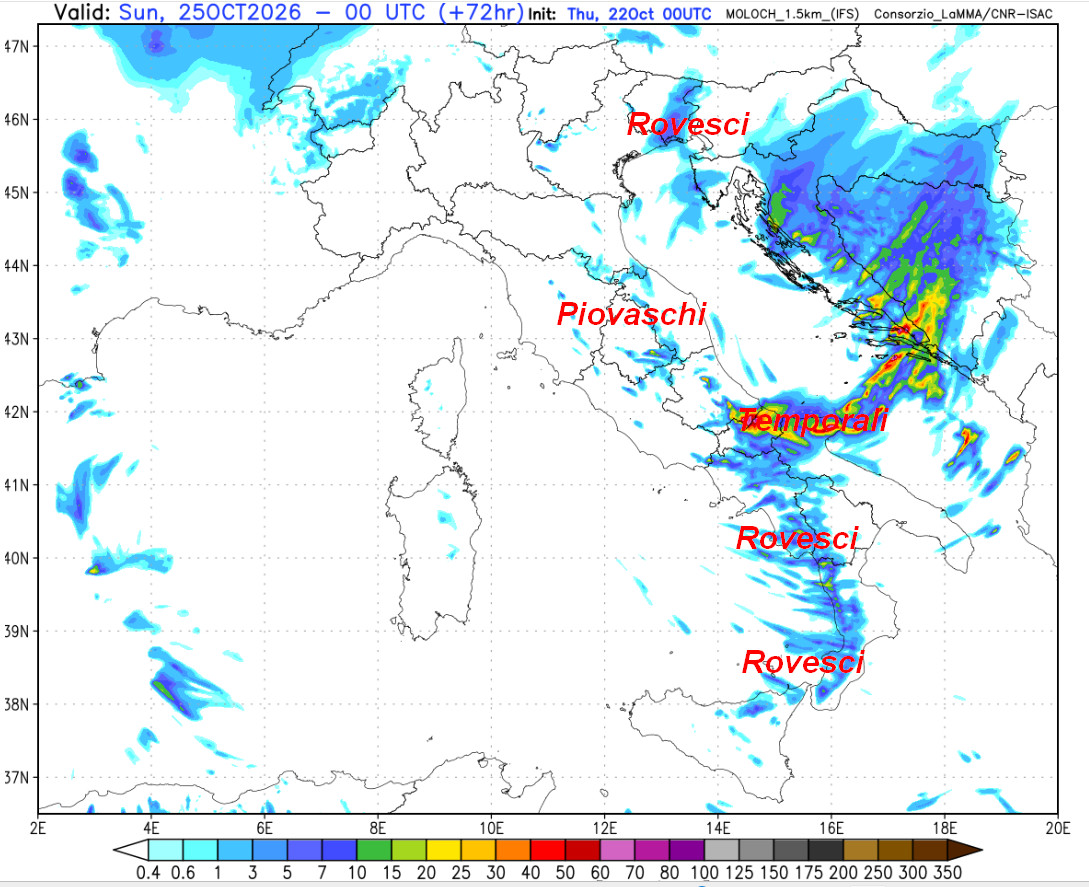 sommatoria delle precipitazioni attese in Italia tra la sera e la notte di sabato 24 ottobre sempre secondo il modello Moloch 1.5km elaborato su base grafica Lamma