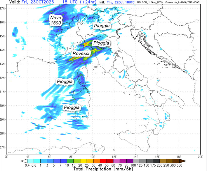 sommatoria delle precipitazioni attese sul nostro Paese tra il pomeriggio e la serata di venerdi 23 ottobre secondo il modello Moloch 1.5km elaborato su base grafica Lamma