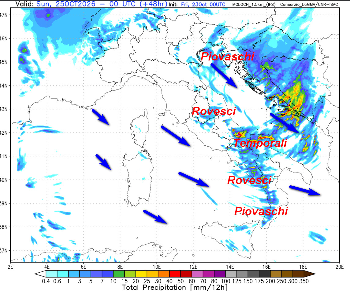 sommatoria delle piogge attese in Italia tra il pomeriggio e la serata di sabato 24 ottobre secondo il modello Moloch 1.5km elaborato su base grafica Lamma