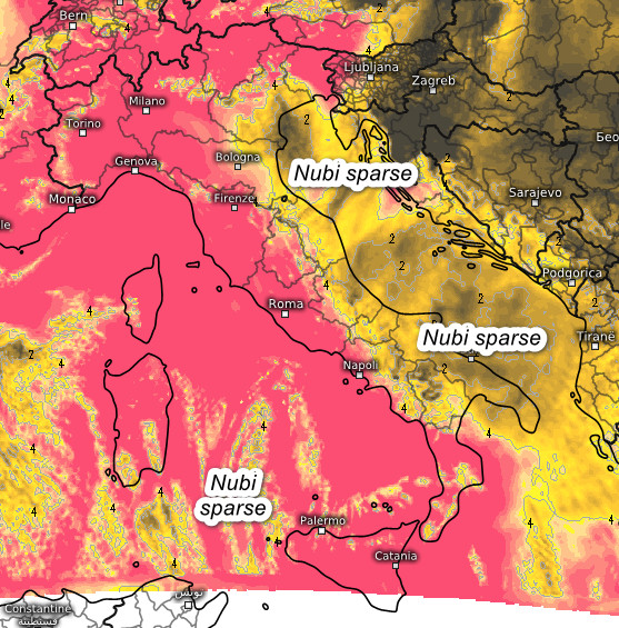 soleggiamento totale cumulato previsto tra le 9 e le 16 di giovedi 29 ottobre (rosa molto soleggiato, giallo nubi e schiarite, grigio scuro assenza di sole)