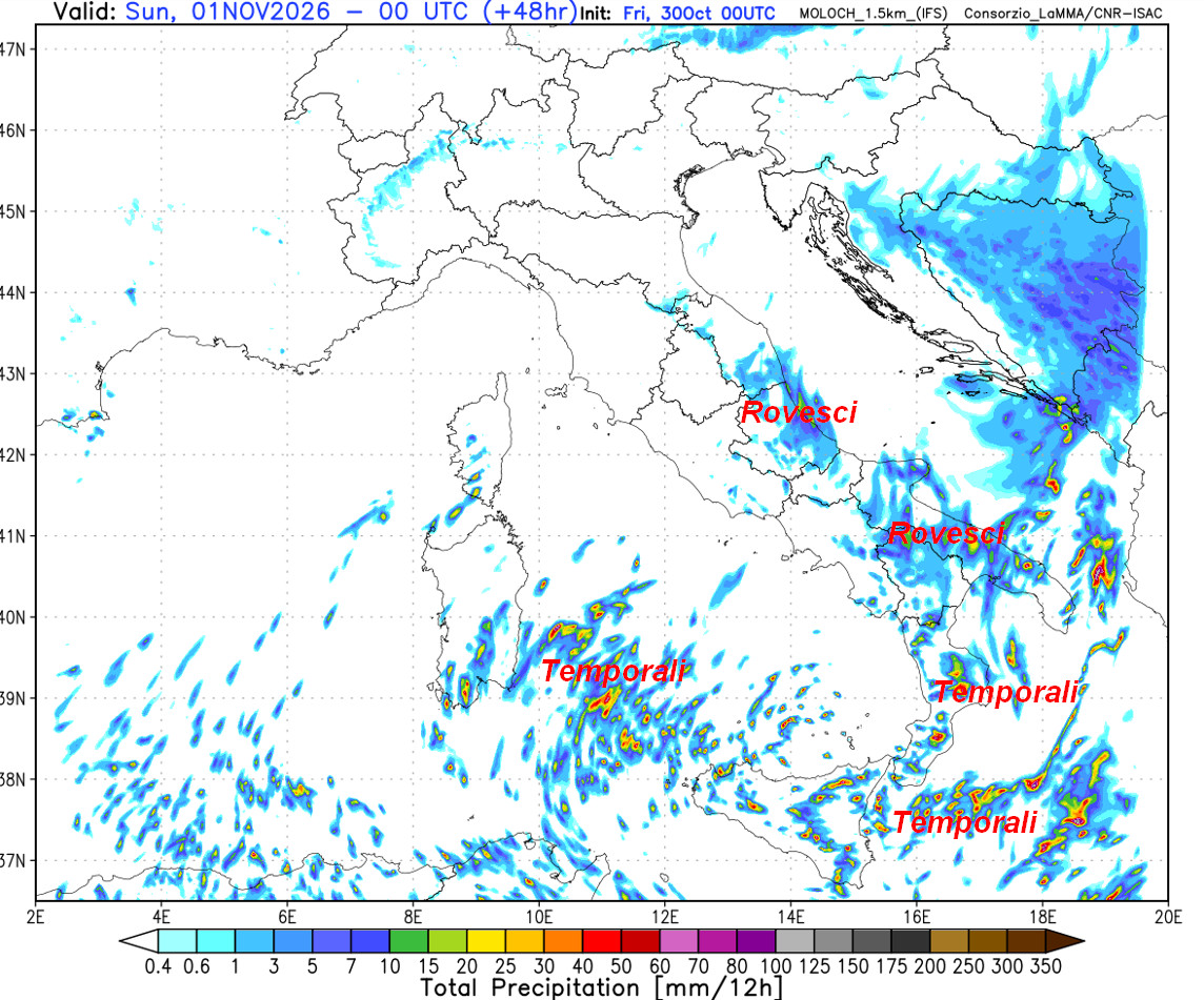 sommatoria delle precipitazioni attese in Italia tra il pomeriggio e la serata di sabato 31 ottobre sempre secondo il modello Moloch 1.5km elaborato su base grafica Lamma