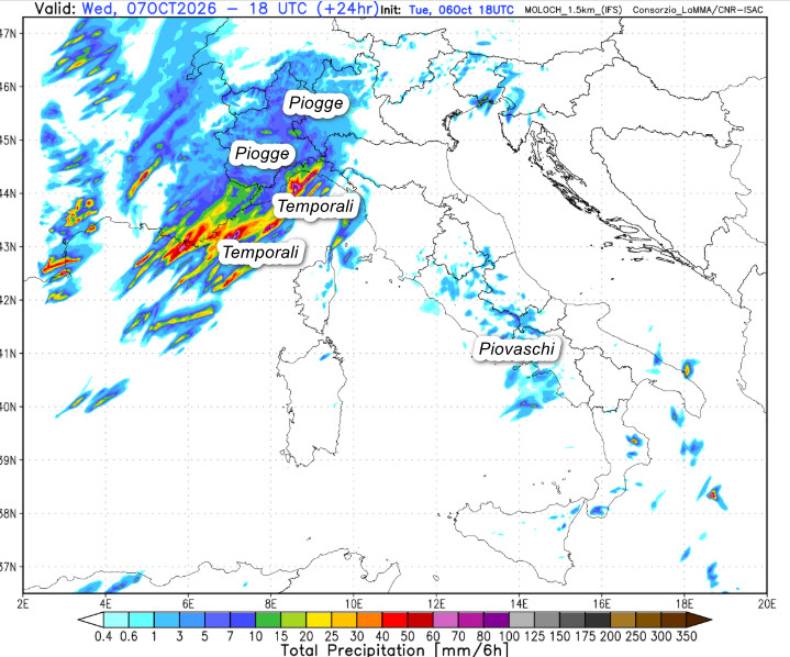 sommatoria delle precipitazioni attese in Italia tra il pomeriggio, la sera e la prima parte della notte sempre secondo il modello Moloch 1.5km elaborato su base grafica Lamma