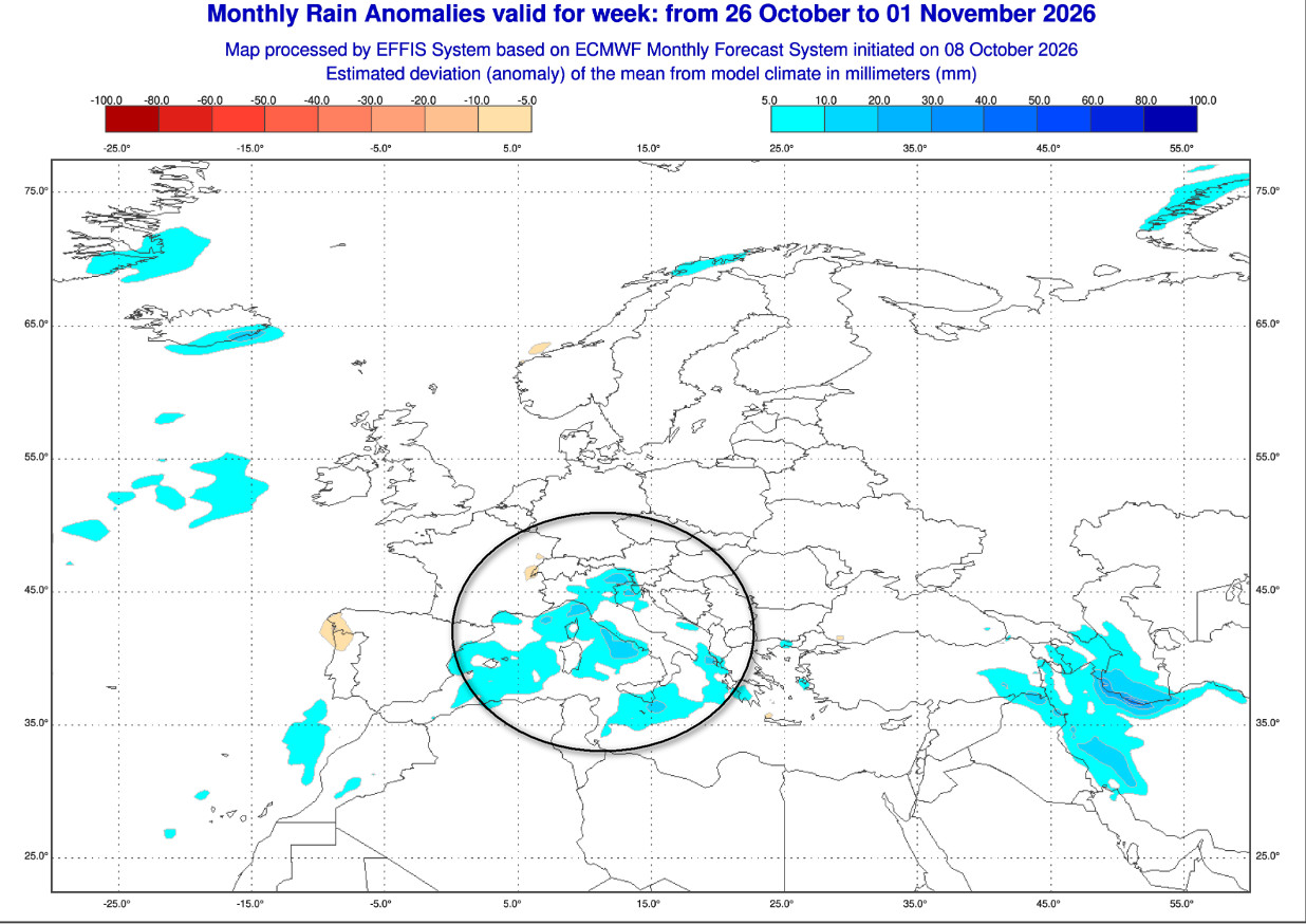 anomalie precipitative in Europa previste per il lasso temporale compreso tra il 26 ottobre ed il 1 di novembre