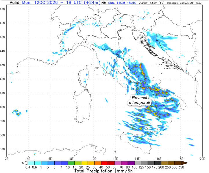 sommatoria delle precipitazioni attese sul nostro Paese tra il pomeriggio e la serata di lunedi 12 ottobre sempre secondo il modello Moloch 1.5km elaborato su base grafica Lamma