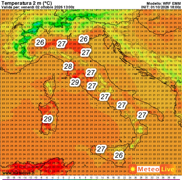 temperature attese sul nostro Paese alle ore 15 di venerdì 2 ottobre