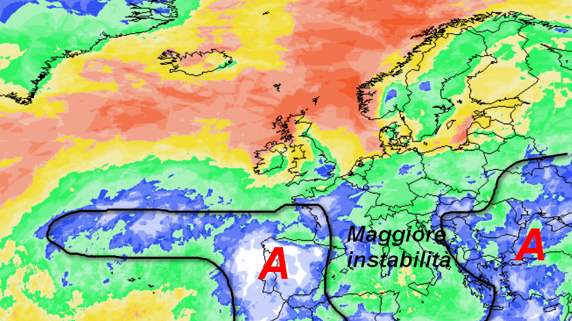 probabilità di pioggia a scala europea valida per martedi 20 ottobre secondo la media degli scenari del modello GFS elaborato su base grafica Meteociel