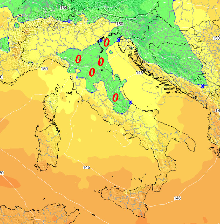 Temperature a 1500 metri alle ore 19 di domenica 1 novembre secondo il modello ECMWF