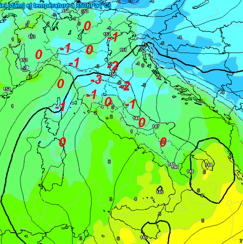 emissione ufficiale di GFS odierna valida per la notte tra mercoledi 4 e giovedi 5 novembre; si tratta delle temperature previste a 1500 metri di altezza
