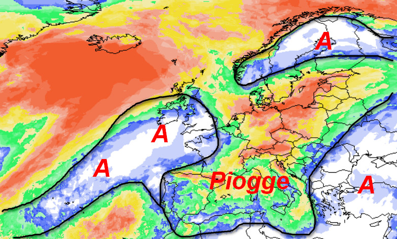 probabilità di pioggia in Europa valida nella notte tra giovedi 8 e venerdi 9 ottobre secondo la media degli scenari del modello GFS elaborato sui base grafica Meteociel