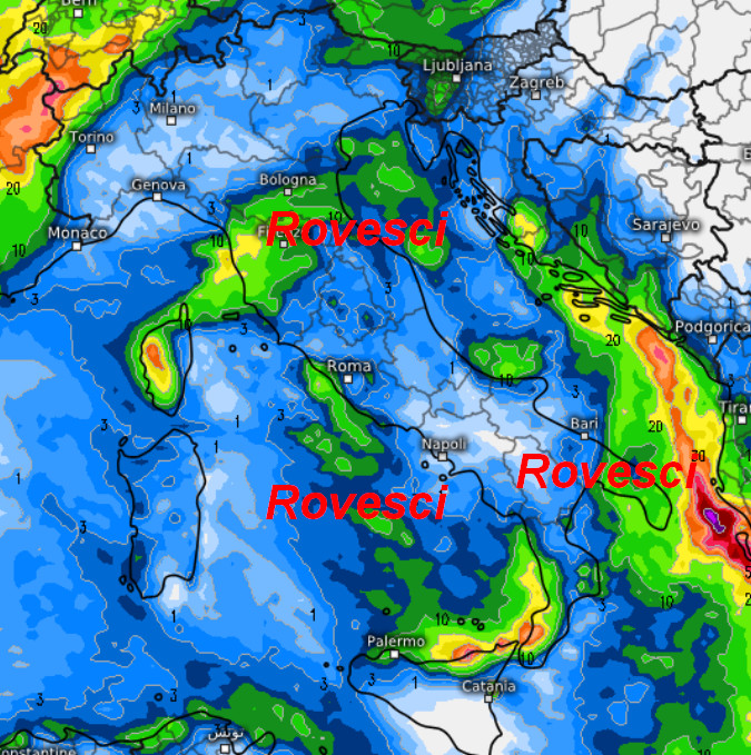 sommatoria delle piogge attese in Italia nell'arco della giornata di domenica 25 ottobre sempre secondo il modello ECMWF elaborato su base grafica Meteologix