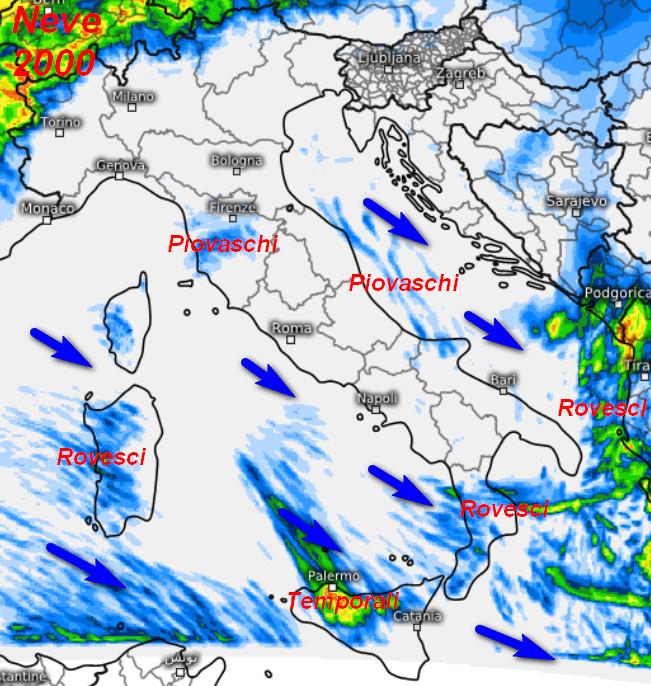 precipitazioni attese in Italia nell'arco della giornata di domenica 25 ottobre secondo il modello SWISS 4KM elaborato su base grafica Meteologix