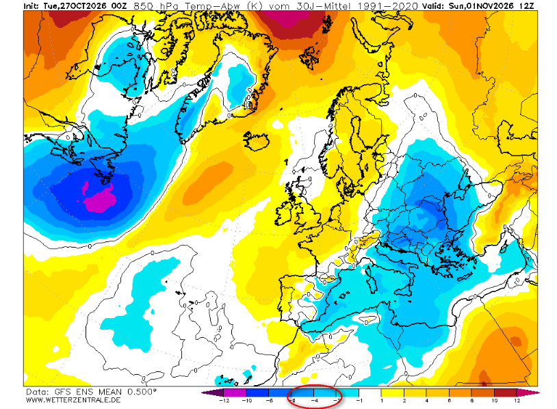 anomalie termiche a 1500 metri attese in Europa ed in Italia nelle ore centrali di domenica 1 novembre sempre secondo la media degli scenari del modello GFS elaborato su base grafica Meteociel