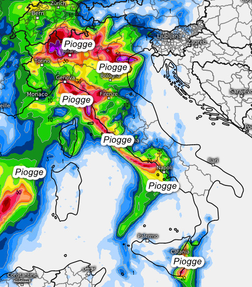  sommatoria delle precipitazioni attese in Italia nell'arco della giornata di domenica 18 ottobre, sempre secondo il modello UKMO