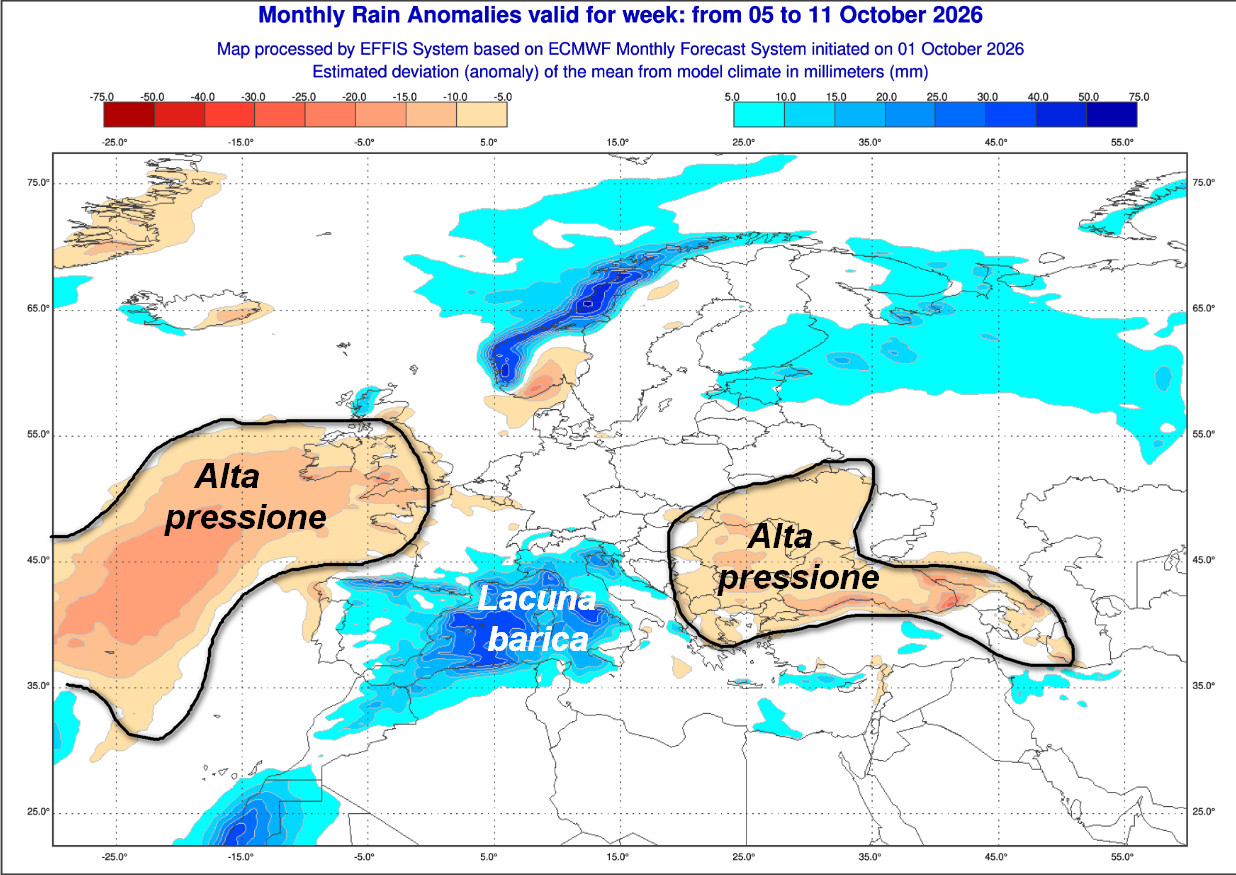 anomalie pluviometriche previste in sede europea nel lasso temporale compreso tra il 5 e l'11 ottobre, secondo il modello ECMWF elaborato su base grafica COPERNICUS