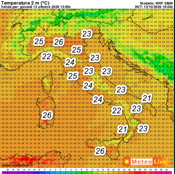 temperature attese in Italia alle ore 15 di giovedi 15 ottobre