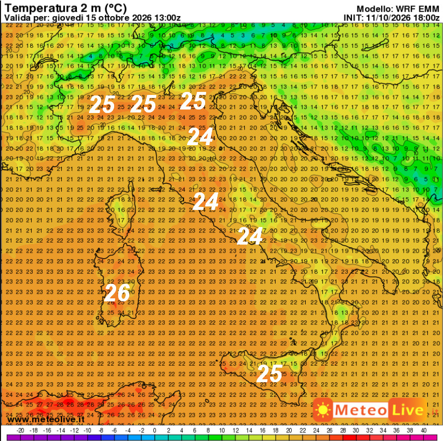 temperature attese in Italia alle ore 15 di giovedi 15 ottobre