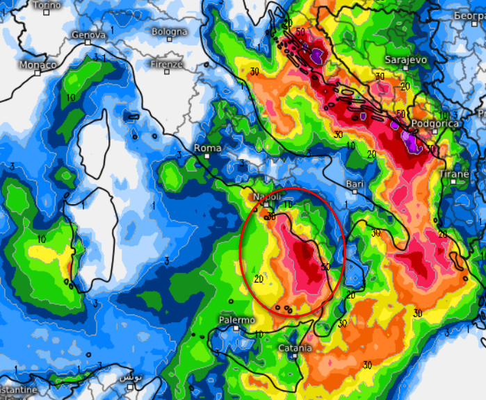 precipitazioni attese al centro ed al meridione nell'arco della giornata di sabato 10 ottobre secondo il modello ICON elaborato su base grafica Meteologix