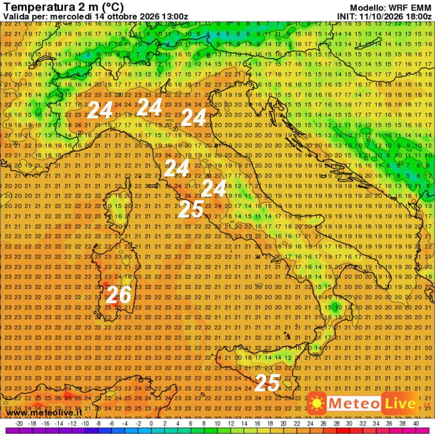 temperature attese in Italia alle ore 15 di mercoledi 14 ottobre