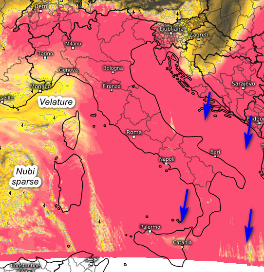 mappa del soleggiamento totale cumulato previsto tra le 9 e le 16 di mercoledi 14 ottobre