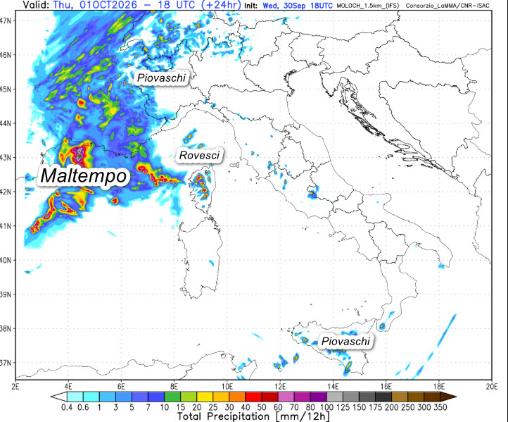 sommatoria delle precipitazioni attese in Italia fino alle ore 20 di giovedi 1 ottobre secondo il modello Moloch 1.5km elaborato su base grafica Lamma