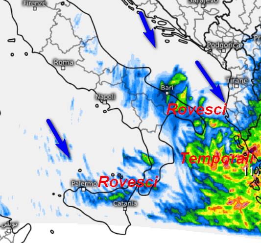 I rovesci sulle estreme regioni meridionali specie nella prima parte della giornata, inquadrati dal modello Swiss 4km elaborato su base grafica Meteologix