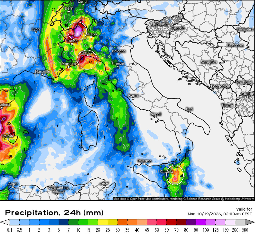 sommatoria delle precipitazioni attese sul nostro Paese nell'arco della giornata di domenica 18 ottobre secondo il modello ECMWF elaborato sui base grafica Meteologix