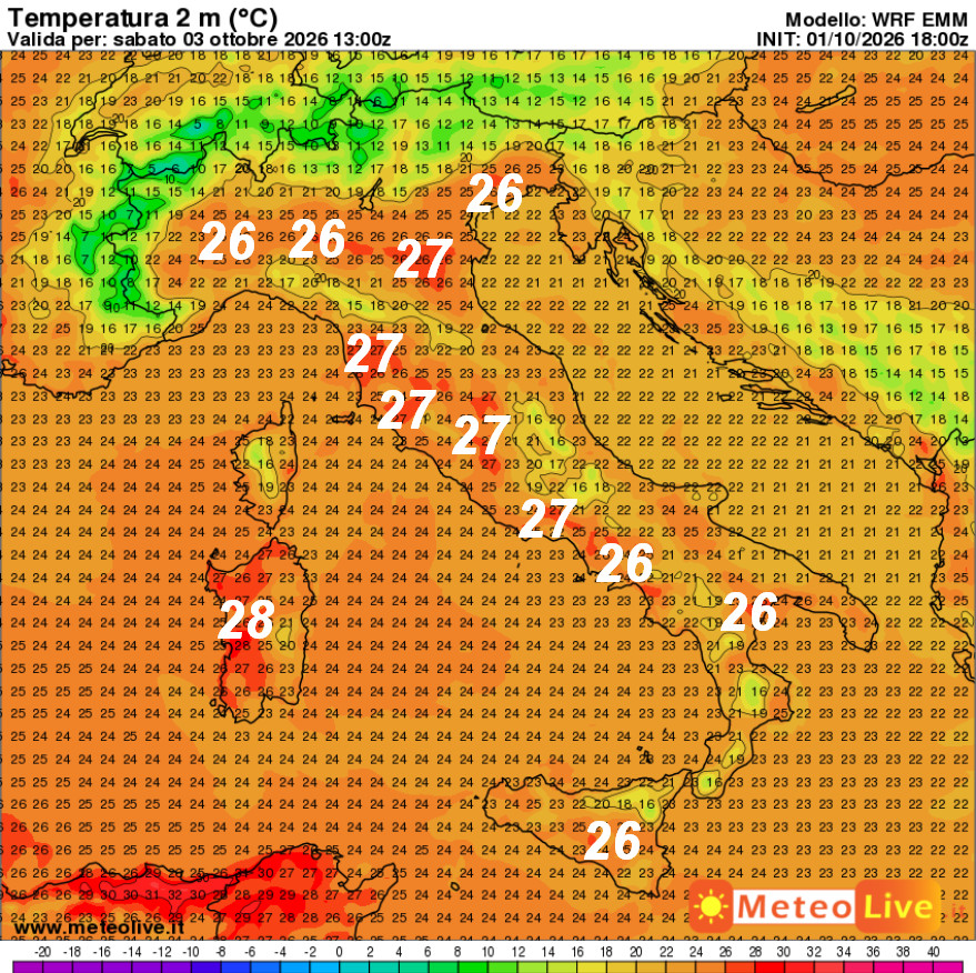 temperature attese in Italia alle ore 15 di sabato 3 ottobre