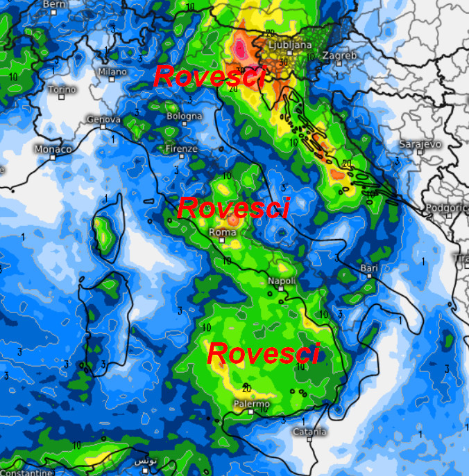 sommatoria delle precipitazioni attese sul nostro Paese nell'arco della giornata di sabato 24 ottobre secondo il modello ECMWF elaborato su base grafica Meteologix