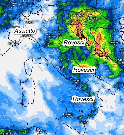 sommatoria delle precipitazioni attese sul nostro Paese nell'arco della giornata di sabato 24 ottobre secondo il modello ECMWF elaborato su base grafica Meteologix