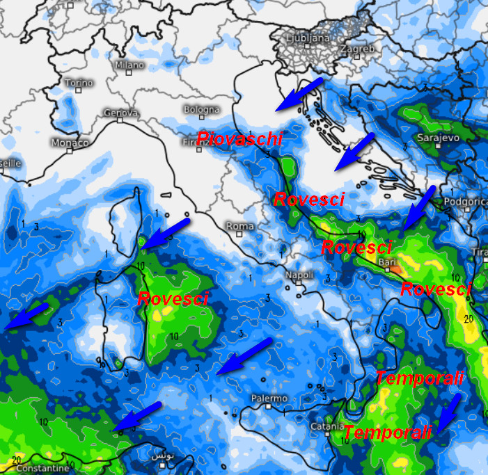 sommatoria delle precipitazioni attese in Italia nell'arco della giornata di sabato 31 ottobre secondo il modello ECMWF elaborato su base grafica Meteologix