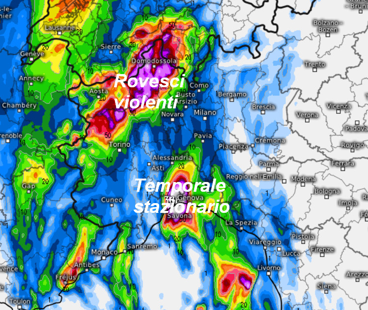 sommatoria delle precipitazioni attese sul settore di nord-ovest nell'arco della giornata di domenica 18 ottobre secondo il modello SWISS 4km elaborato su base grafica Meteologix
