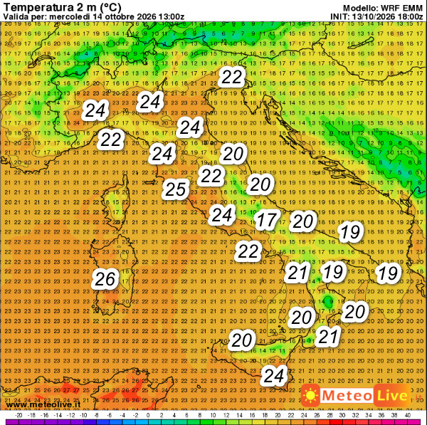 temperature attese in Italia alle ore 15 di mercoledi 14 ottobre