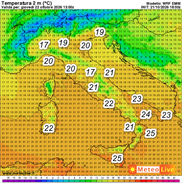  temperature, questi sono i valori attesi in Italia alle ore 15 di giovedi 22 ottobre