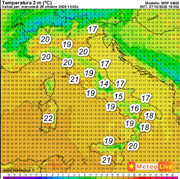 temperature attese in Italia alle ore 15 di mercoledi 28 ottobre