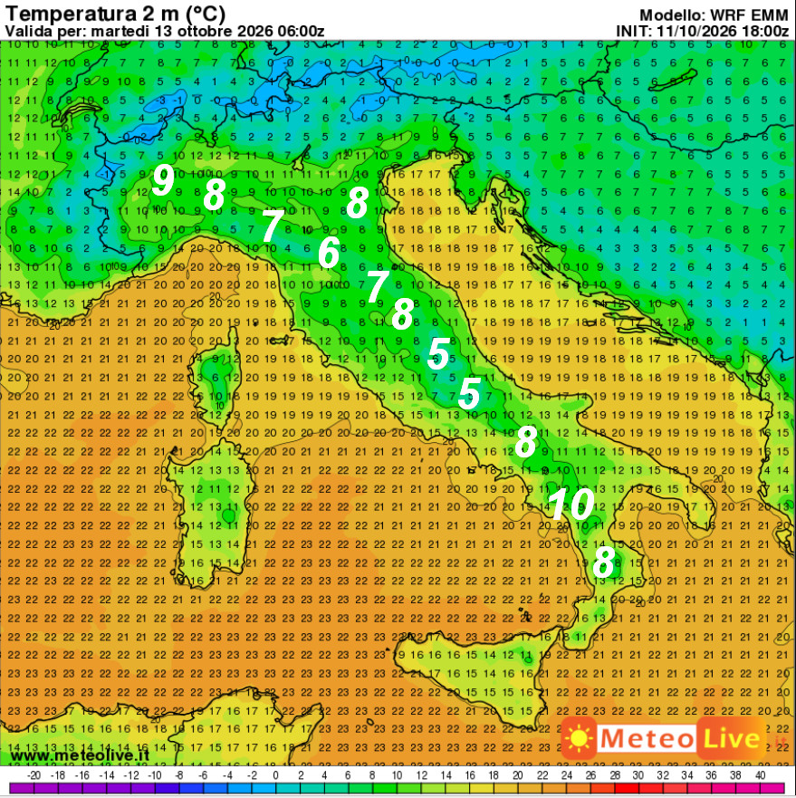temperature attese sul nostro Paese alle ore 8 del mattino di martedi 13 ottobre