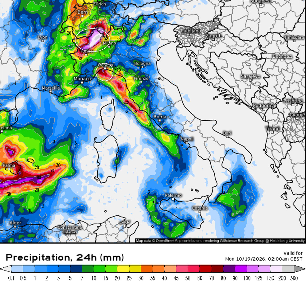 sommatoria delle precipitazioni attese sul nostro Paese nell'arco della giornata di domenica 18 ottobre secondo il modello UKMO elaborato sui base grafica Meteologix